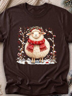 Festive Snowy Sheep TShirt Graphic Tee Animal Christmas Winter Holiday Season